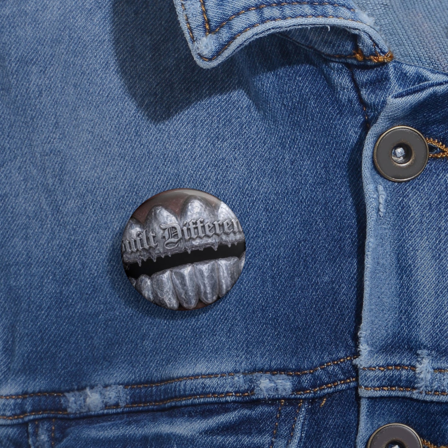 DF Grunge Pin Button — "Built Different" Silver Grill