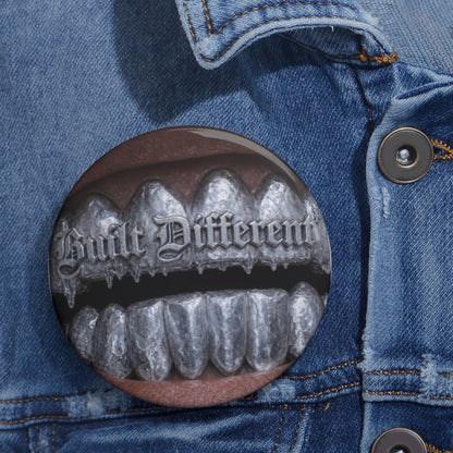 DF Grunge Pin Button — "Built Different" Silver Grill