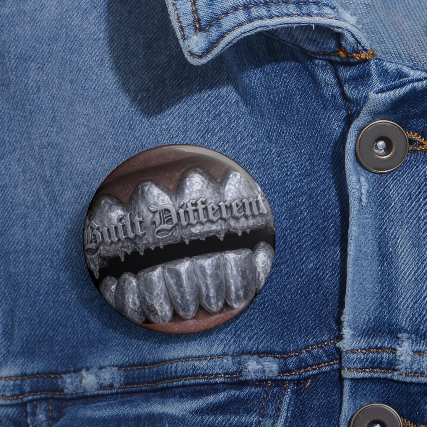 DF Grunge Pin Button — "Built Different" Silver Grill