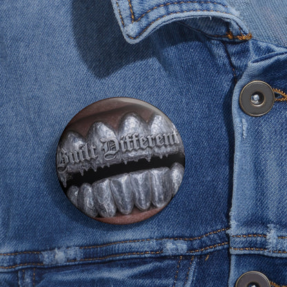 DF Grunge Pin Button — "Built Different" Silver Grill