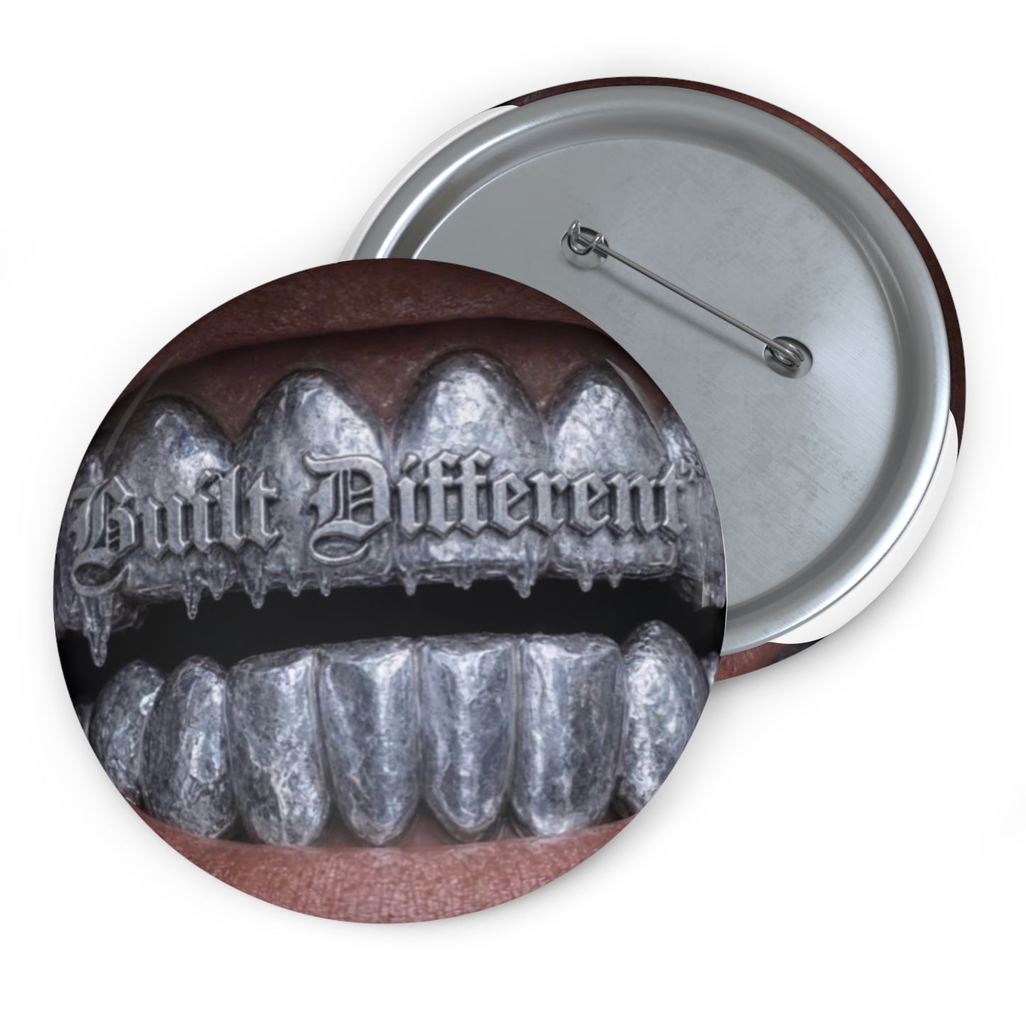 DF Grunge Pin Button — "Built Different" Silver Grill