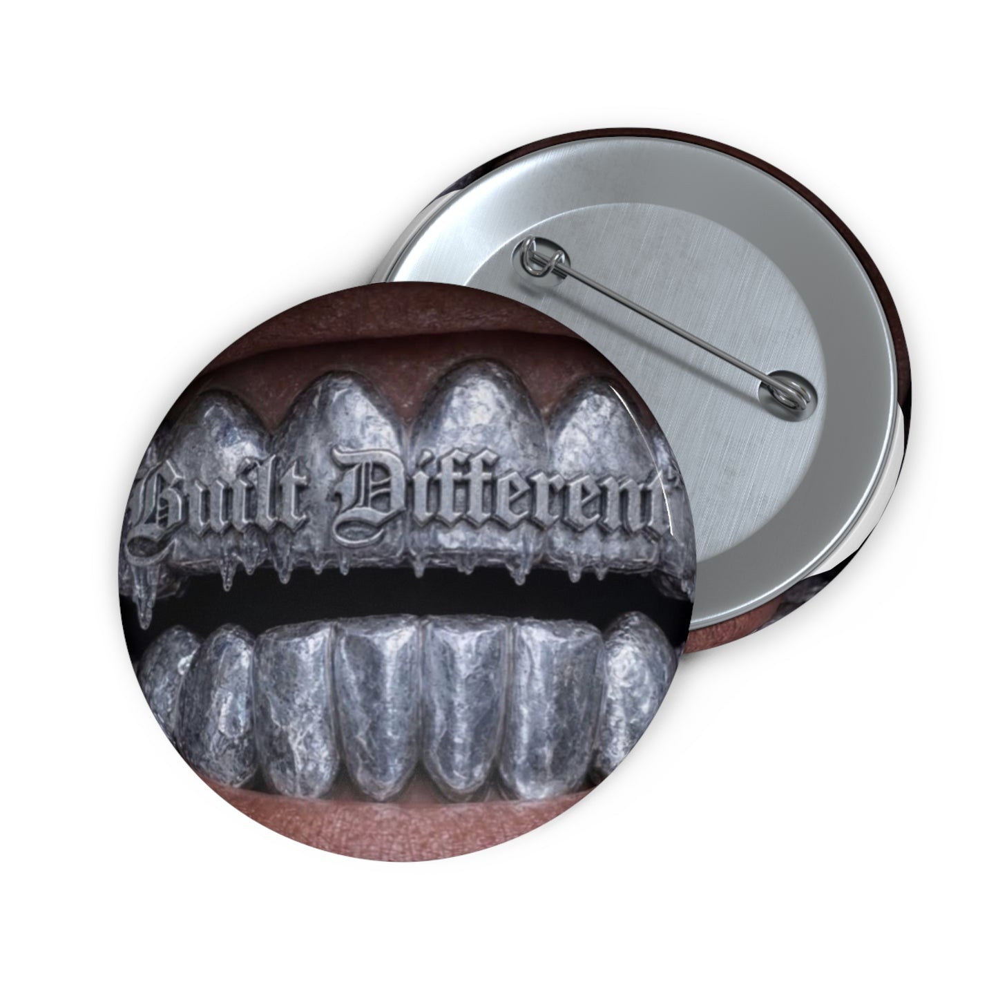 DF Grunge Pin Button — "Built Different" Silver Grill