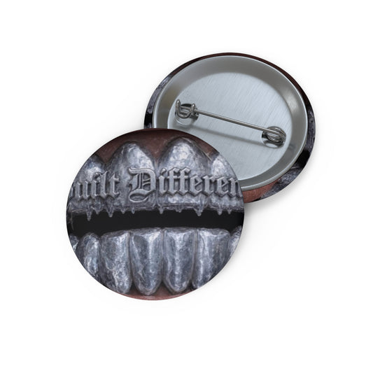 DF Grunge Pin Button — "Built Different" Silver Grill